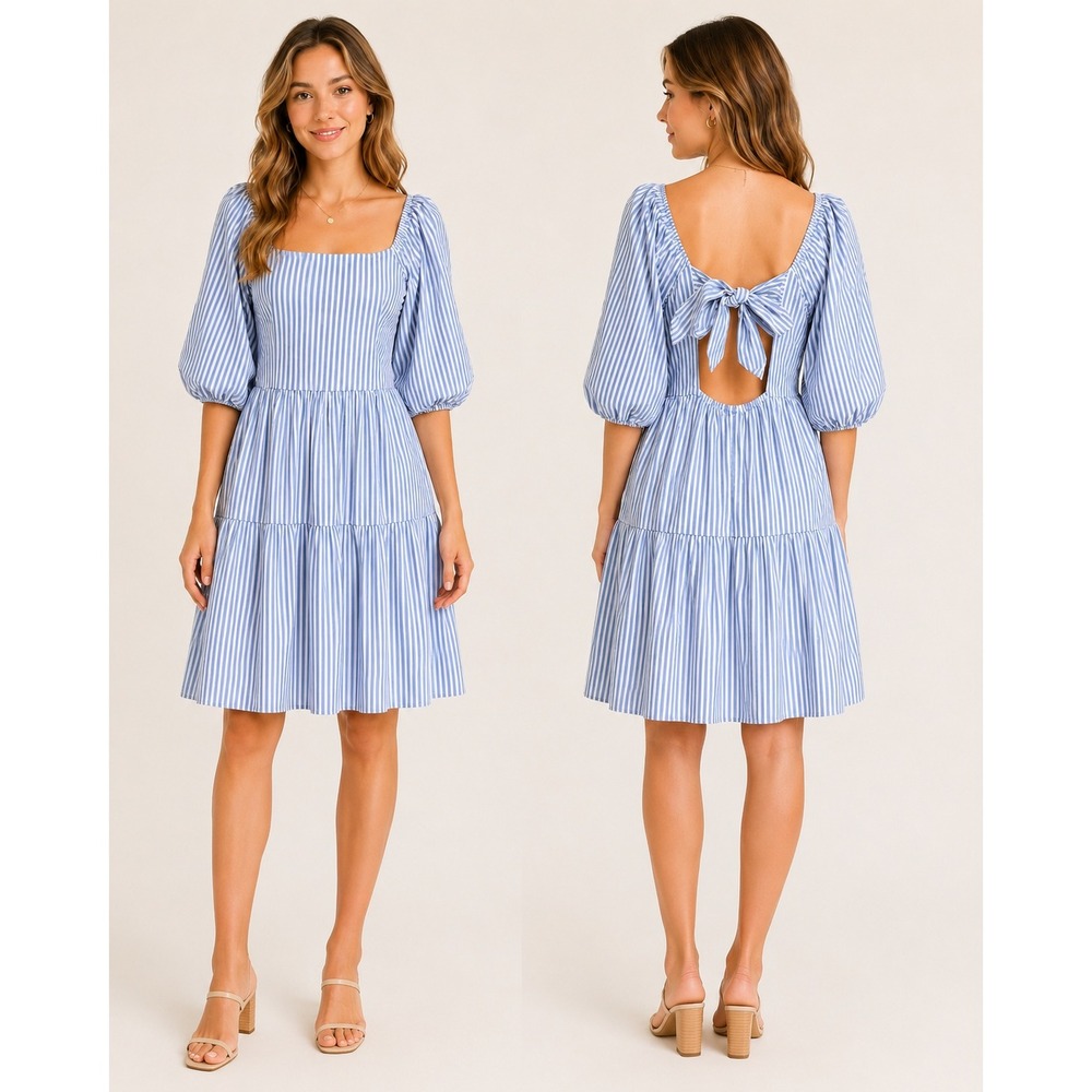 Beachlunchlounge Blue White Striped Tiered Puff Sleeve Tie Back Dress Medium